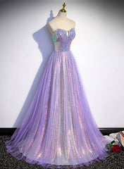 Lavender Tulle and Sequins Sweetheart Long Pary Dress, A-line Prom Dress Formal Dresses