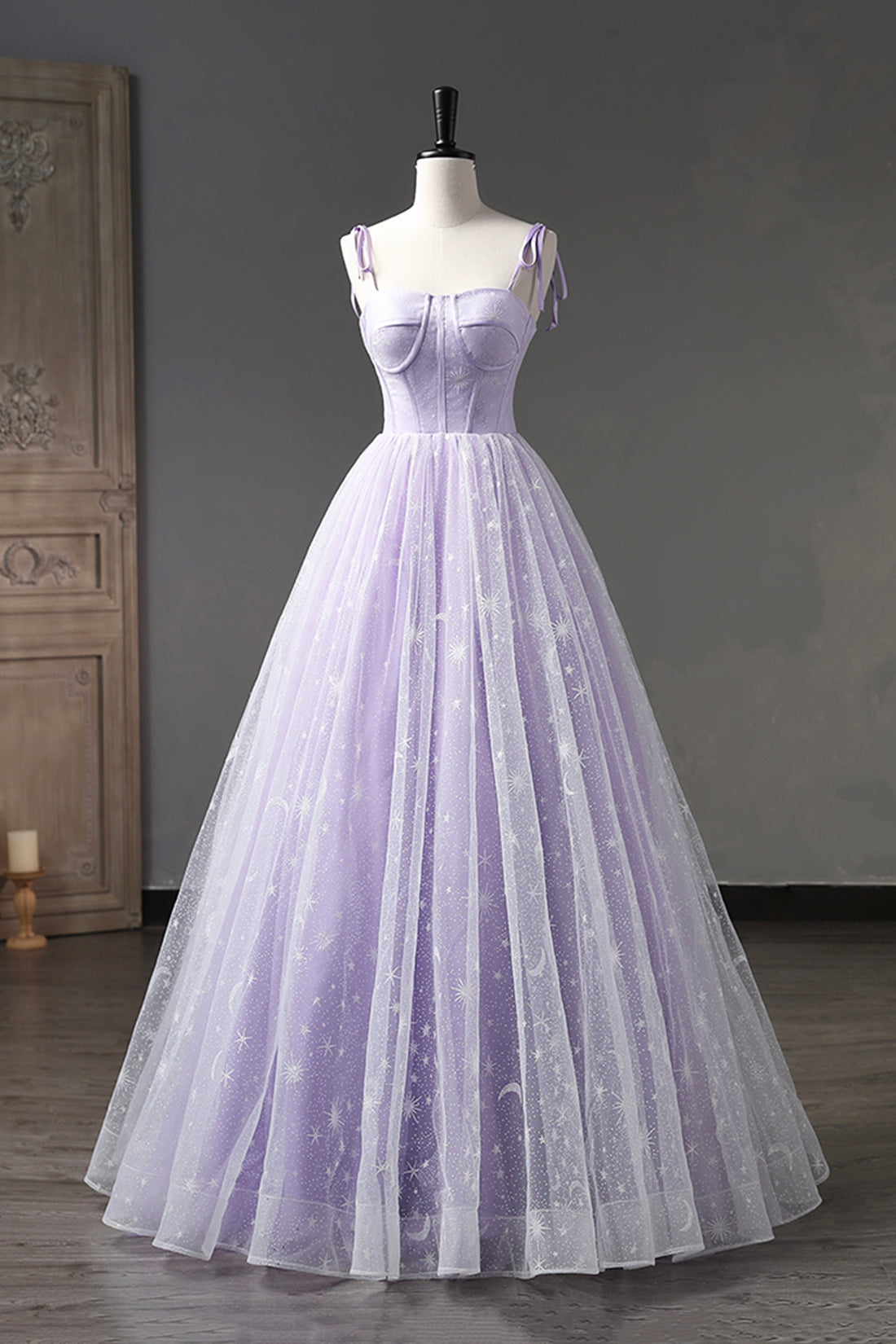 Lavender Tulle Straps Floor Length Evening Dress, Lavender A-Line Prom Dress