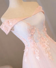 Light Pink Lace Off Shoulder Lonng Prom Dress, Pink Evening Dress