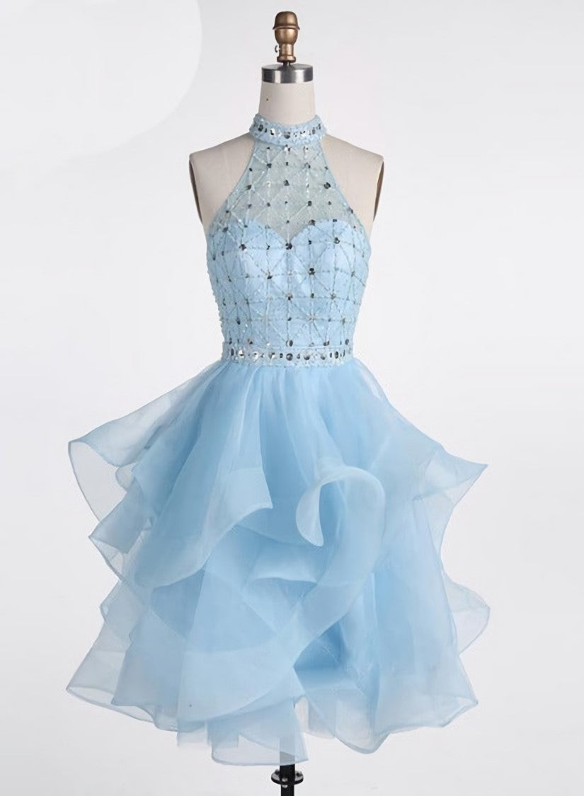 Light Blue Beaded Layers Knee Length Party Dress, Blue Homecoming Dress Short Prom Dress