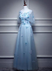 Light Blue Flowers Long Party Dress, A-line Tulle Party Dress Evening Dress