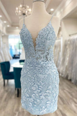 Light Blue Lace Homecoming Dress Dinner Dress Evening Short