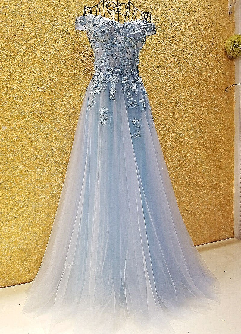 Light Blue Off Shoulder Long Party Dress with Flowers, Tulle Blue Evening Dress Prom Dress