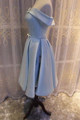 Light Blue Off Shoulder Satin Bridesmaid Dress, Blue Short Formal Dress