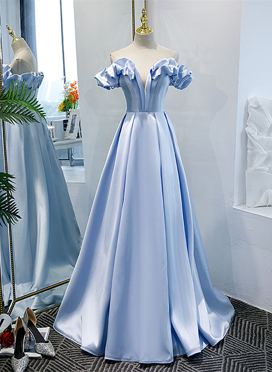 Light Blue Satin A-line Off Shoulder Long Formal Dress, Light Blue Evening Dress Prom Dress