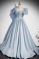 Light Blue Satin Long Prom Dress,A-Line Short Sleeve Evening Dresses