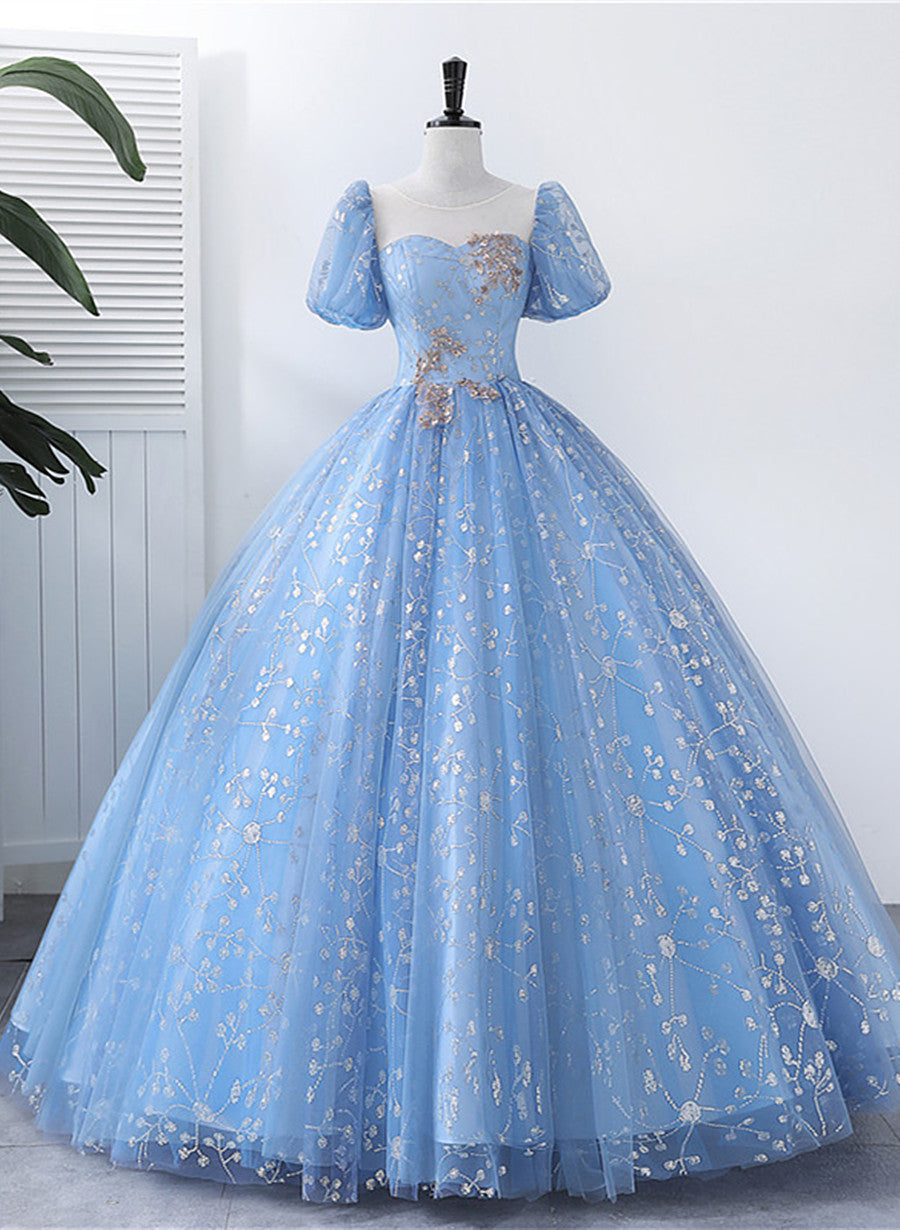 Light Blue Tulle Short Sleeves Long Formal Dress, Blue Sweet 16 Dress