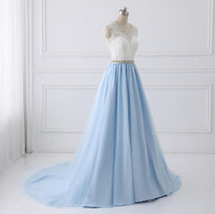 Light Blue Tulle V Back Long Party Dress with Bow, Blue Evening Dress Wedding Party Dress