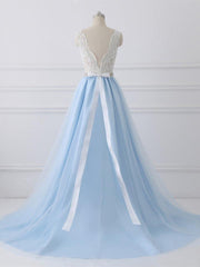 Light Blue Tulle V Back Long Party Dress with Bow, Blue Evening Dress Wedding Party Dress