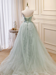 Light Green Tulle Beaded Sweetheart Long Prom Dress, A-line Green Formal Dress