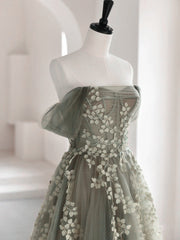 Light Green Tulle Sweetheart A-line Long Party Dress, Tulle Off Shoulder Prom Dress