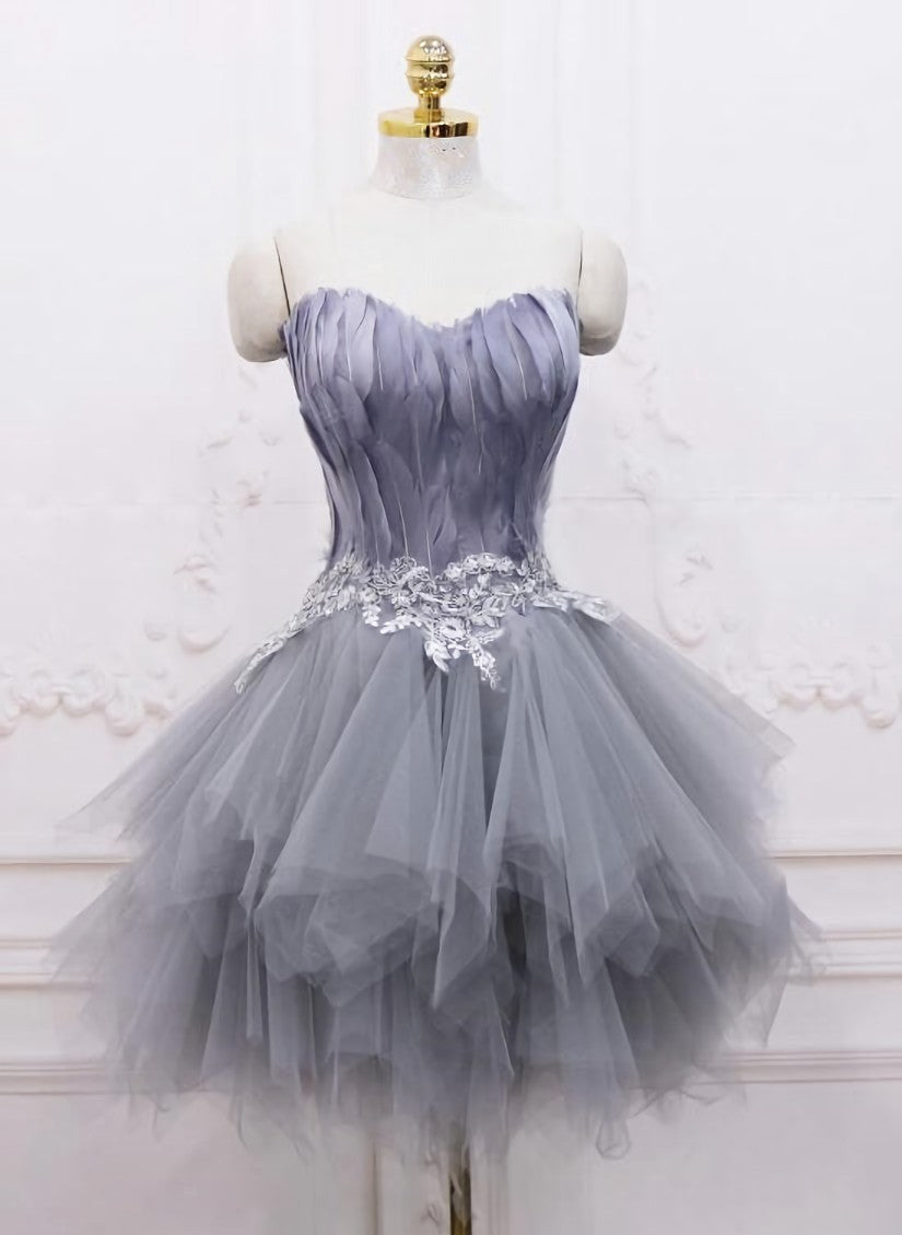 Light Grey Feather and Tulle Short Party Dress, Lovely Homecoming Dress