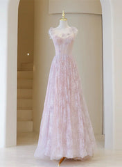 Light Pink Round Neckline Lace Long Prom Dress, A-line Pink Floor Length Party Dress