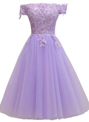 Light Purple Lace And Tulle Off The Shoulder Homecoming Dress