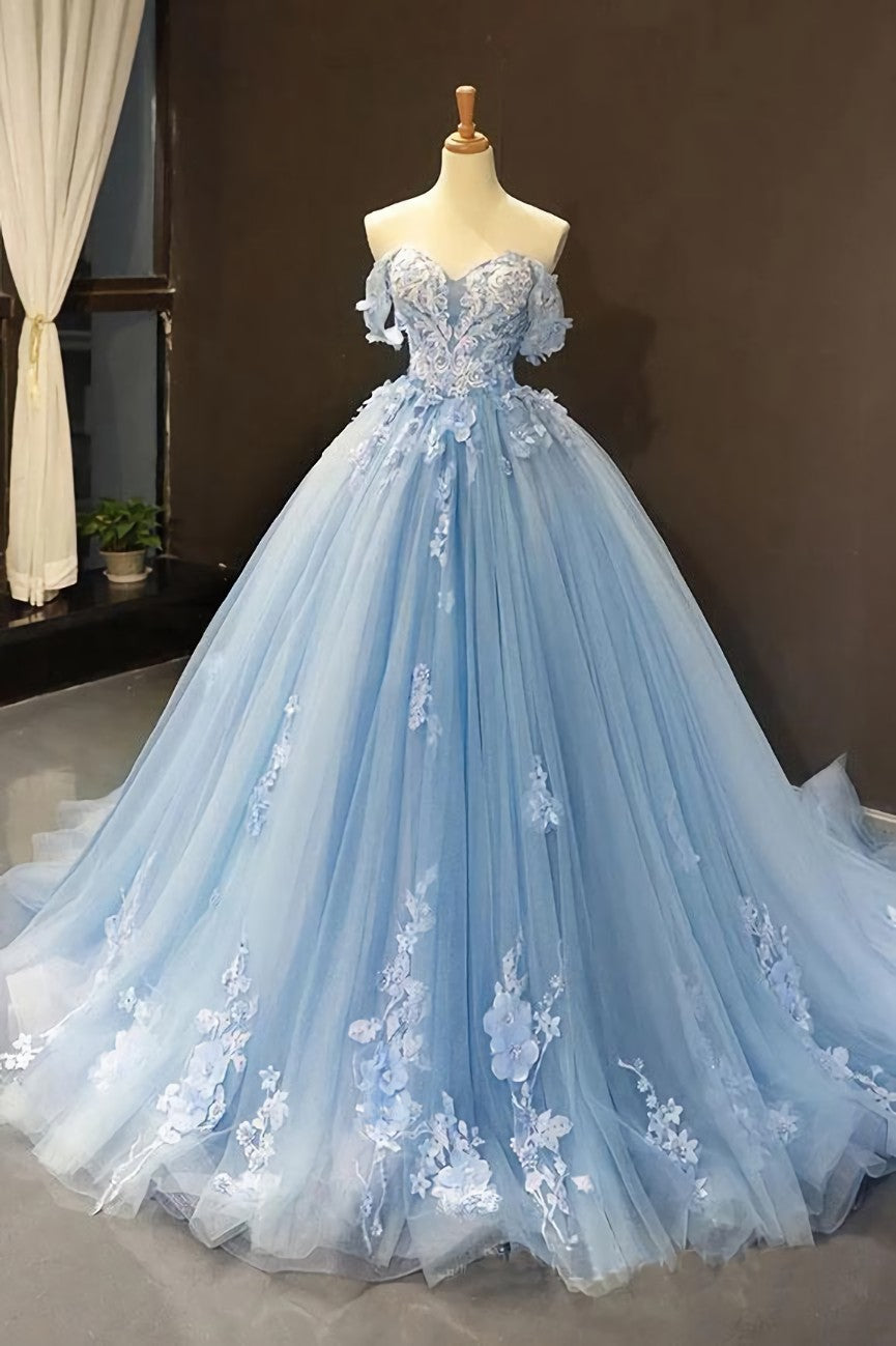 Light Sky Blue Off the Shoulder Ball Gown Tulle Prom Dress with Applique