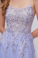 Lilac Appliques Lace-Up A-Line Long Prom Dresses with Slit