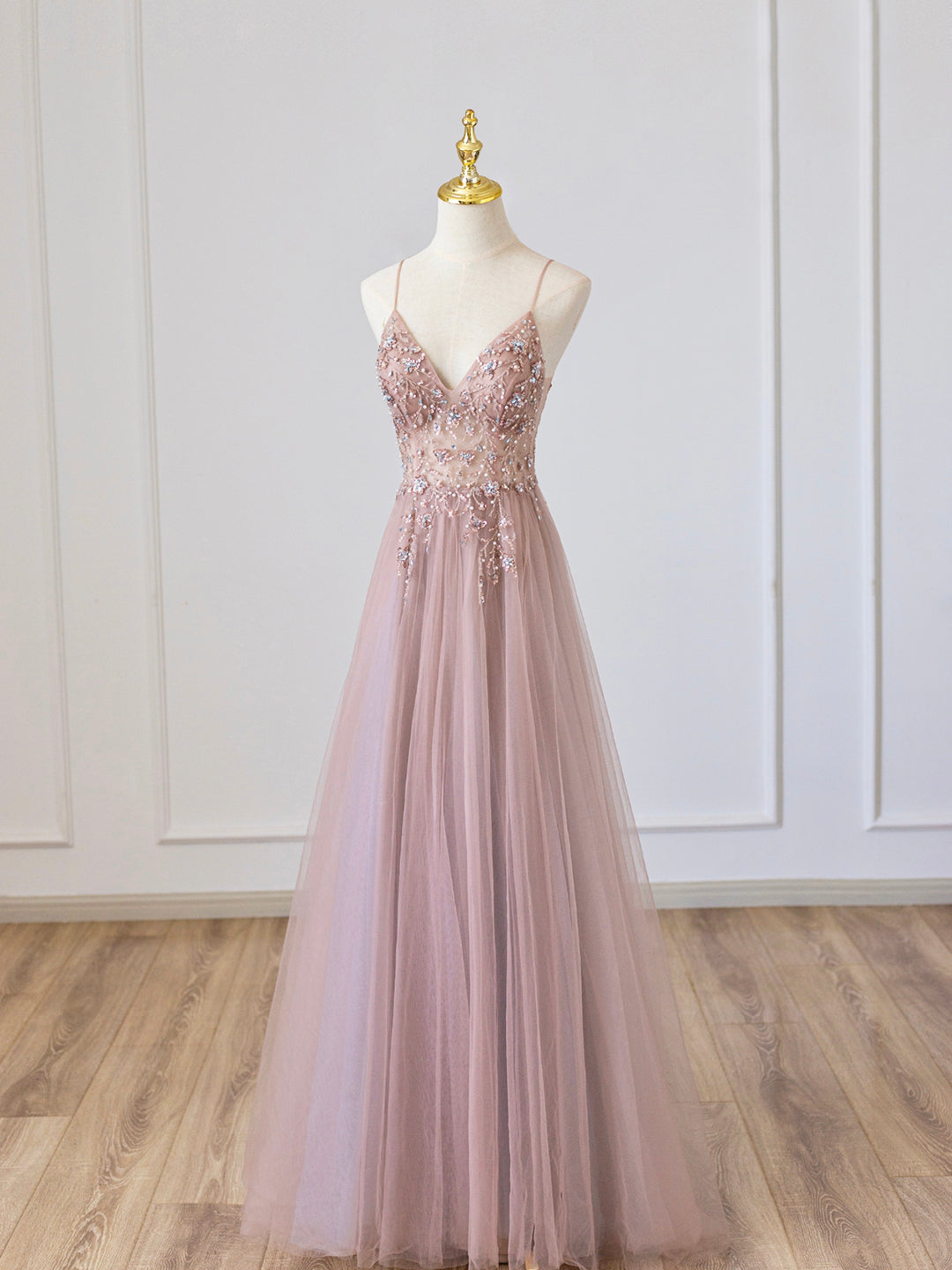 Pink V-Neck Tulle Long Prom Dress with Beaded, Pink Spaghetti Strap Evening Dress