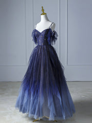 Blue Gradient Tulle Long Prom Dress, Beautiful Spaghetti Strap Evening Party Dress