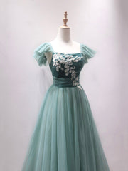 Green Velvet Tulle Tea Length Prom Dress, Cute A-Line Party Dress with Lace