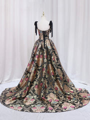 Black Floral Floor Length Prom Dress, A-Line Black Evening Dress