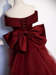 Burgundy V-Neck Satin Long Prom Dress, Mermaid Off Shoulder Evening Dress with Bow