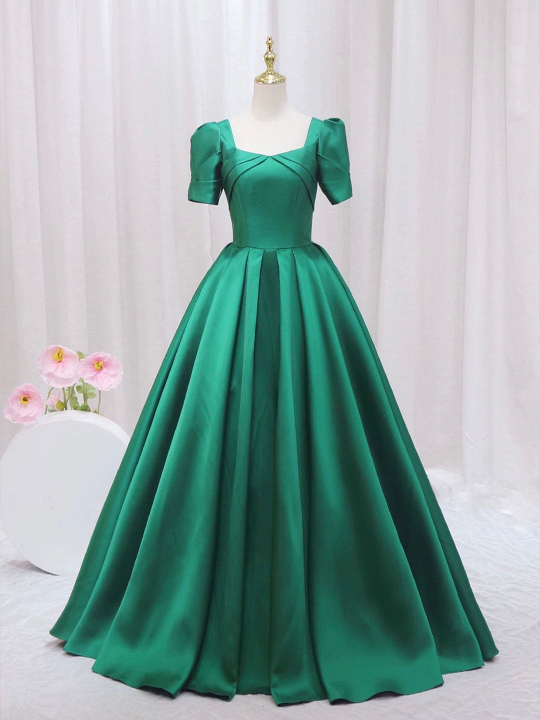 Green Satin Floor Length Prom Dress, Green Short Sleeve Evening Dress