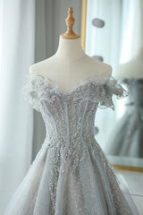 Gray Tulle Sequins Long Prom Dress, Off the Shoulder Evening Dress