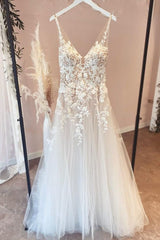 Long A-Line Appliques Lace Spaghetti Straps Sweetheart Tulle Wedding Dresses