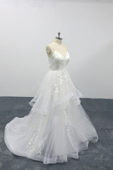 Long A-line Sweetheart Appliques Spaghetti Strap Tulle Wedding Dress