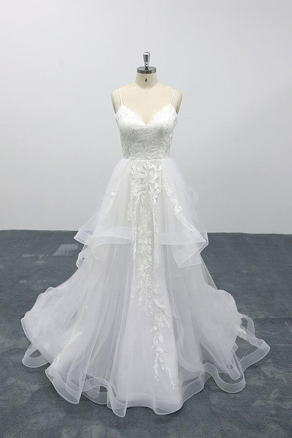 Long A-line Sweetheart Appliques Spaghetti Strap Tulle Wedding Dress