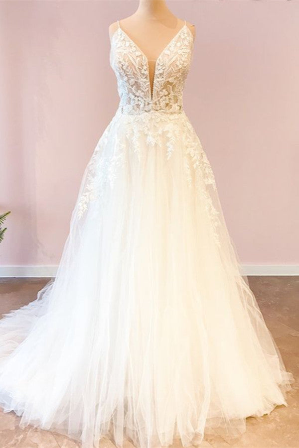 Long A-Line Sweetheart Spaghetti Straps Tulle Wedding Dress