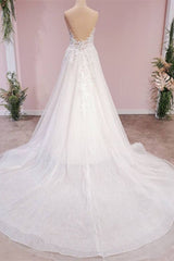 Long A-Line Tulle Backless Appliques Lace Sweetheart Wedding Dress