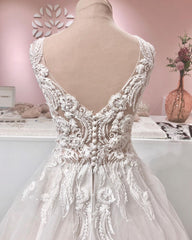 Long A-line V-neck Appliques Lace Backless Tulle Ruffles Wedding Dress