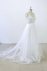 Long A-line V-neck Sweetheart Ruffle Applqiues Tulle Backless Wedding Dress