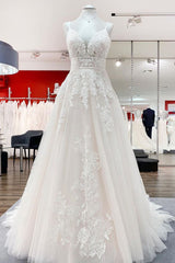 Long A-line V-neck Tulle Sleeveless Appliques Lace Backless Wedding Dress