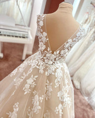 Long A-Line V-neck Wide Straps Backless Appliques Lace Tulle Wedding Dress