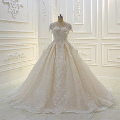 Long Ball Gown Beading Bateau Appliques Lace Wedding Dress with Sleeves