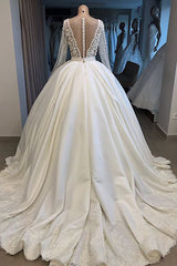 Long Ball Gown Satin V-neck Wedding Dress with Sleeves