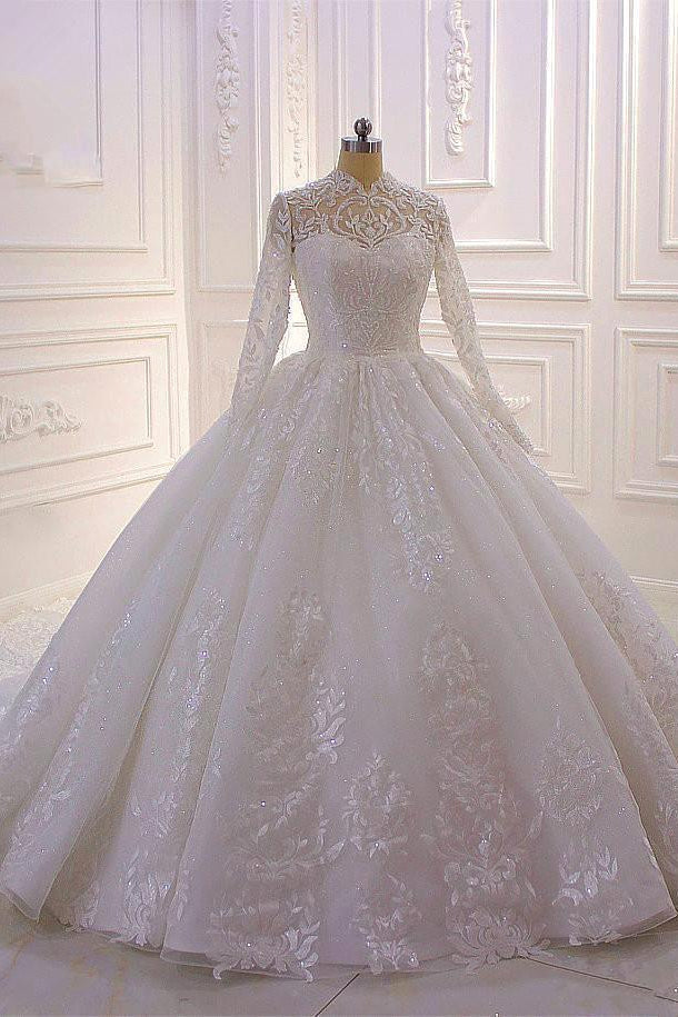 Long High neck Appliques Lace Ball Gown Wedding Dress with Sleeves