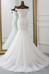 Long Mermaid Off Shoulder Lace-up Applique Lace Wedding Dress