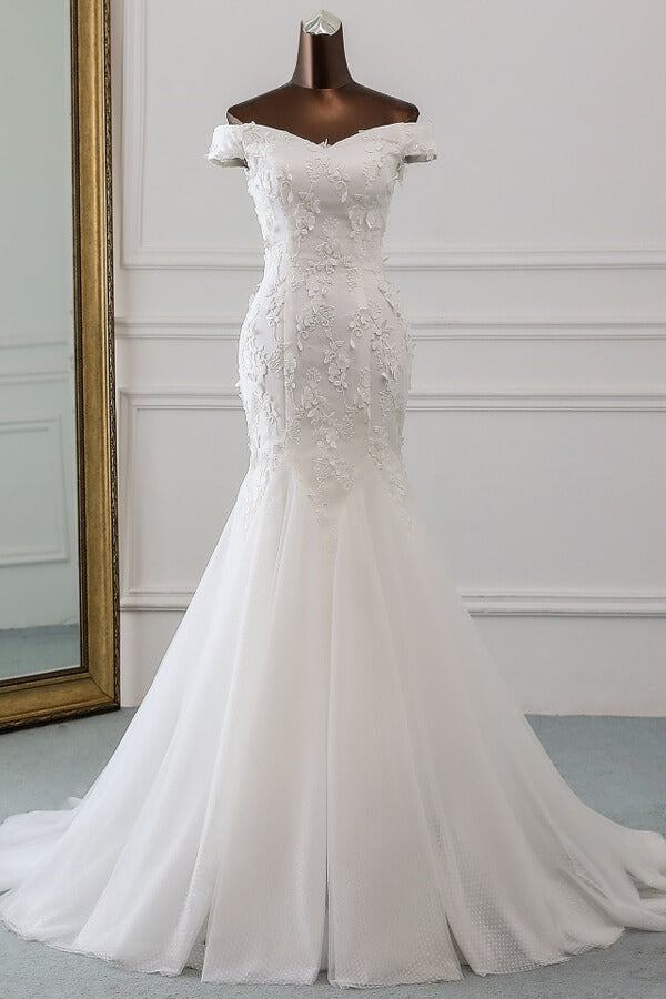 Long Mermaid Off Shoulder Lace-up Applique Lace Wedding Dress