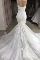 Long Mermaid Spaghetti Strap Appliques Lace Wedding Dress