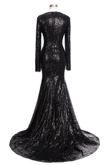 Long Mermaid V-Neck Black Sequins Prom Dresses with Sleeves