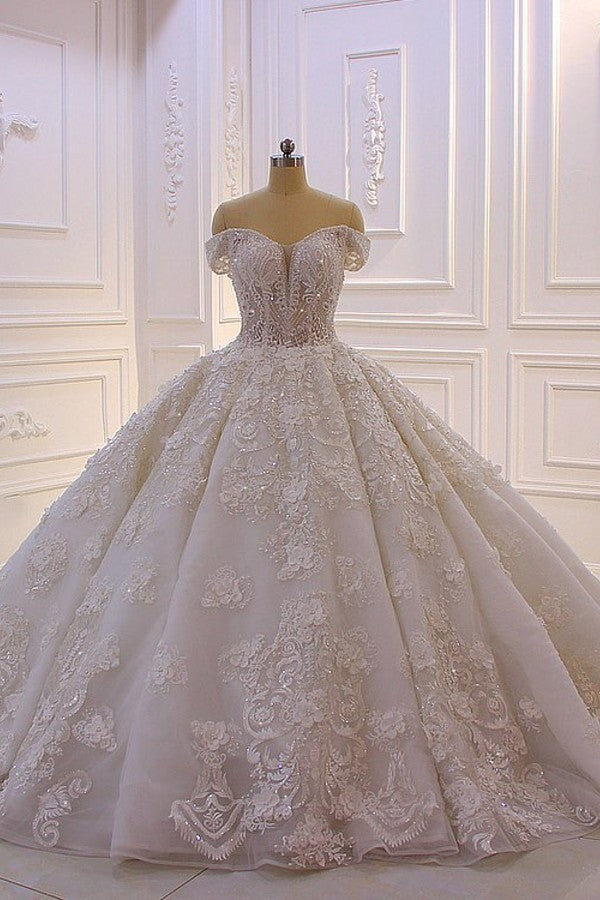 Long Princess Sweetheart Off-the-Shoulder Backless Appliques Lace Ruffles Tulle Wedding Dress