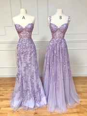 Long Purple Lace Prom Dresses,Unique A Line Formal Evening Dress