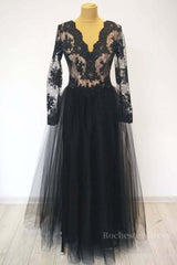 Long Sleeves V Neck Black Lace Long Prom Dresses, Long Sleeves Black Formal Dresses, Black Lace Evening Dresses