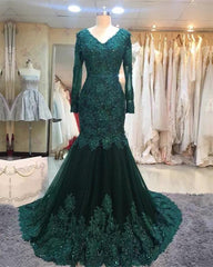 Long Sleeves V-neck Lace Prom Mermaid Dresses,Women Evening Dress