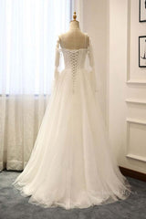 Long Sleeves White Tulle Prom Wedding Dresses, Long Sleeves White Tulle Formal Evening Dresses