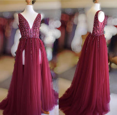 Long Tulle V-neck Prom Dresses Sequin Beaded Evening Gowns