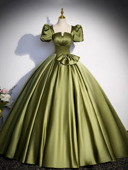 Green Satin Short Sleeve Floor Length Formal Dress, Green A-Line Prom Dress